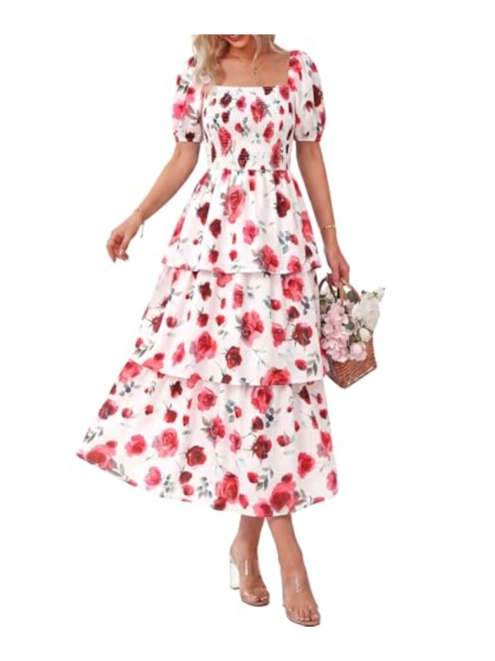 Square Neck Smocked Floral Maxi Dress Puff Short Sleeve Ruffle Tiered Boho